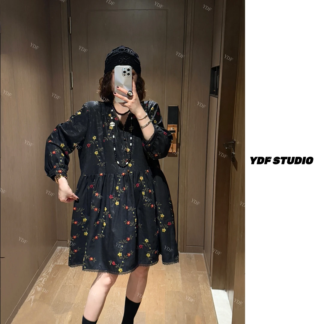 YDFSTUDIO小众【繁花日记】欧货高品早秋刺绣拼接设计时尚连衣裙