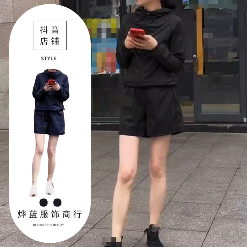 2025户外休闲运动服套装港风复古洋气减龄连帽防晒短裤两件套装