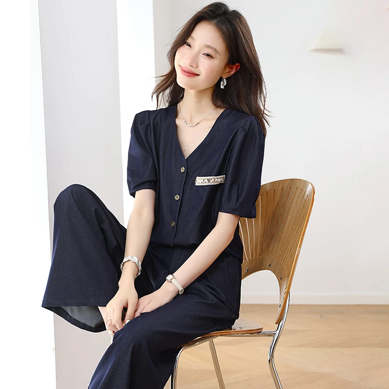 薄款牛仔套装女2025夏季牛仔短袖阔腿裤两件套气质高级感收腰显瘦