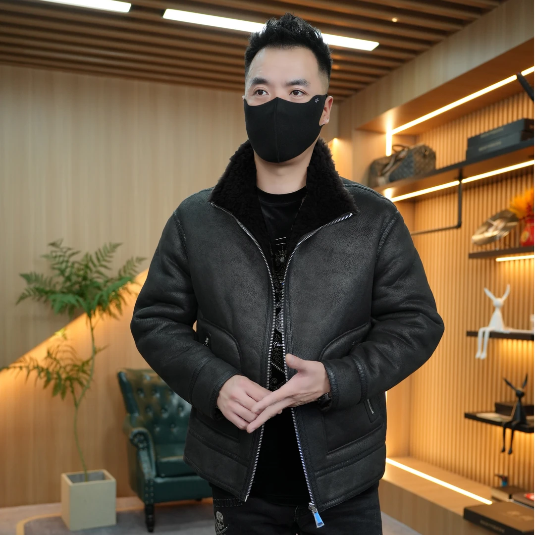 轻奢时尚100％羊毛外套潮流冬季保暖男装休闲简约翻领双面穿夹克