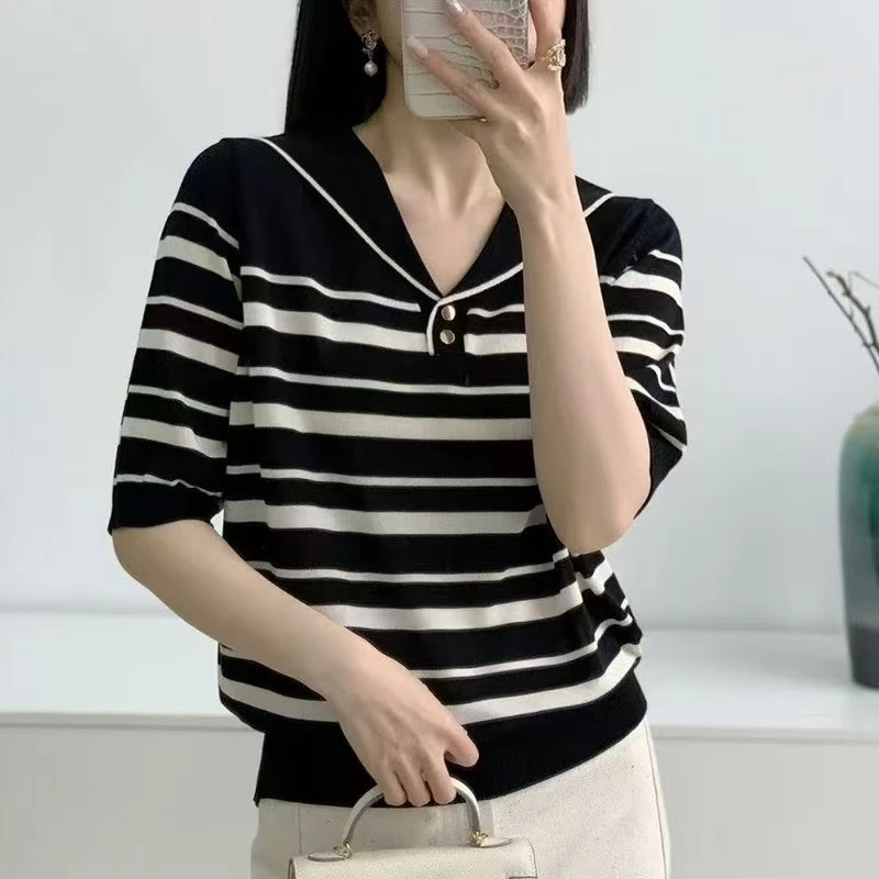 海军领～2025夏季莱赛尔天丝～新款针织衫女装～气质百搭显瘦减龄
