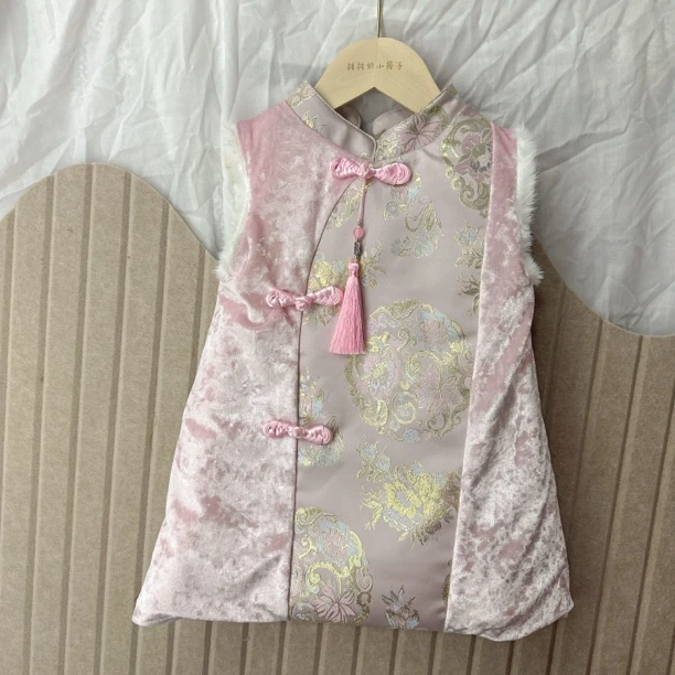 女童旗袍裙 2024冬季新款BABY粉双拼丝绒流苏新中式国风连衣裙