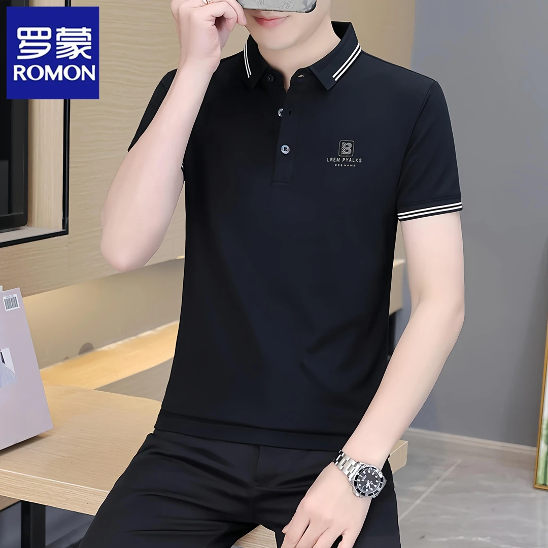 Romon/罗蒙夏季新款冰丝男士POLO衫短袖修身商务百搭翻领T恤上衣