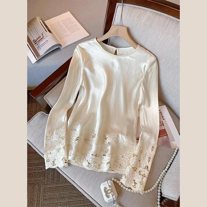 新中式国风下摆镂空显瘦衬衫女2025新款春季圆领时尚内搭外穿上衣