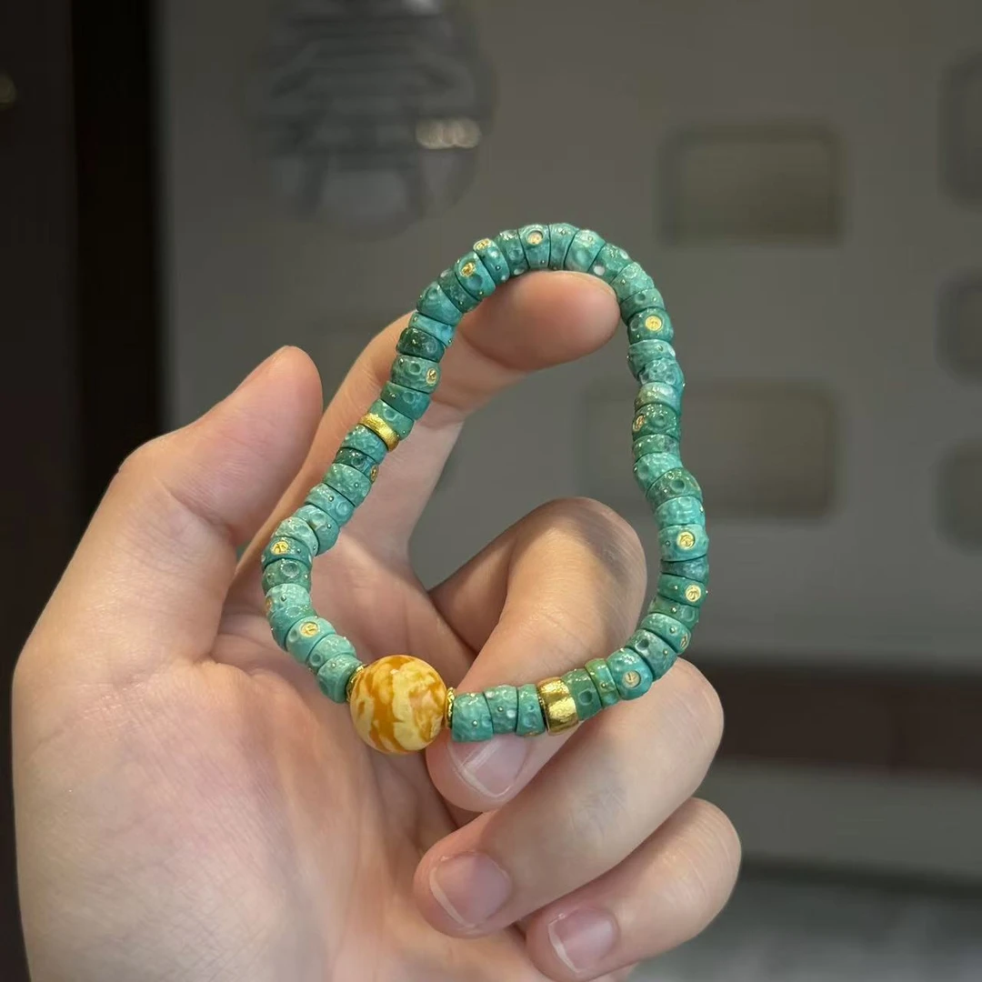 【壹芳珠宝】天然原矿绿松大肠18k金镶单圈6mm