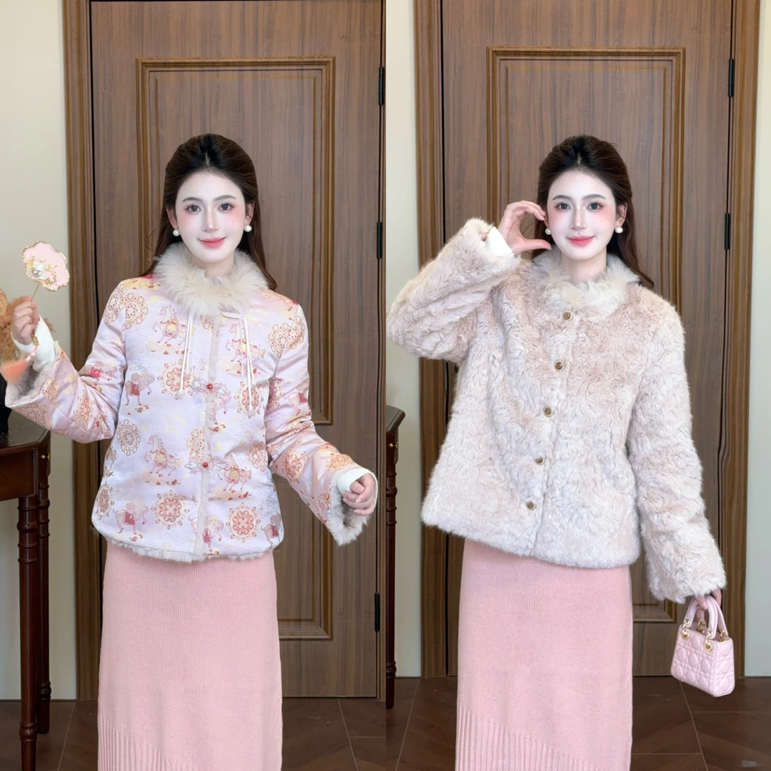 LiLi李李家【粉芍药】双面穿设计款新中式毛毛年服外套XMZH10736