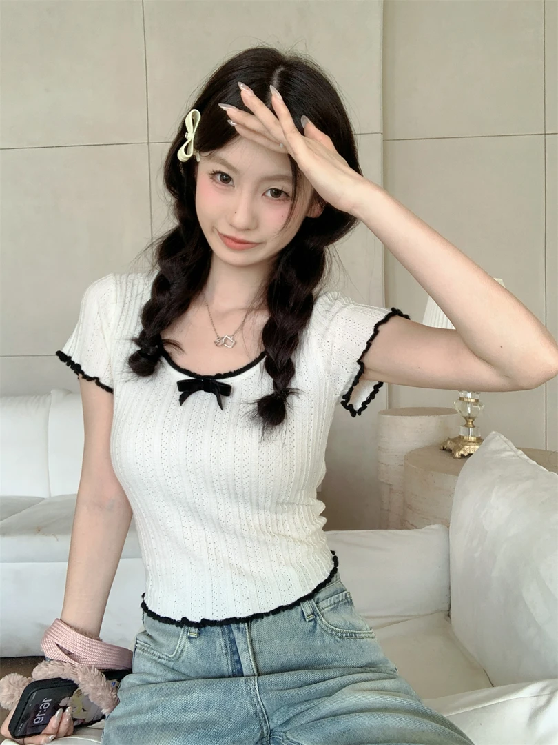 纯欲绝美夏季法式撞色蝴蝶结镂空修身针织短袖t恤女短款辣妹上衣