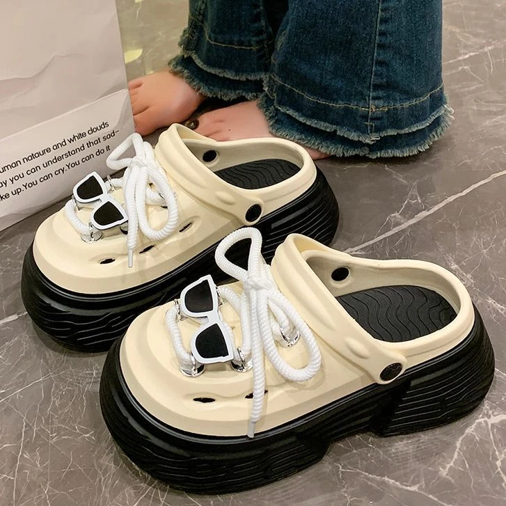 网红同款双色墨镜洞洞鞋超厚底增高舒适踩屎感EVA包头一字拖夏季