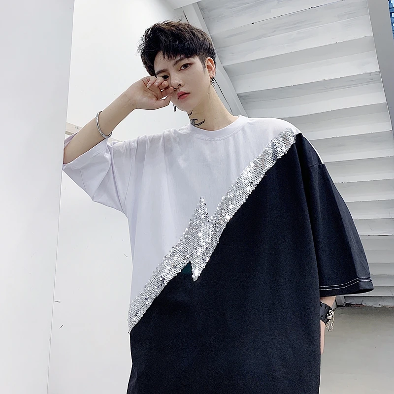 夏季高级感嘻哈圆领短袖T恤男ins潮牌个性闪电亮片痞帅休闲半袖衫