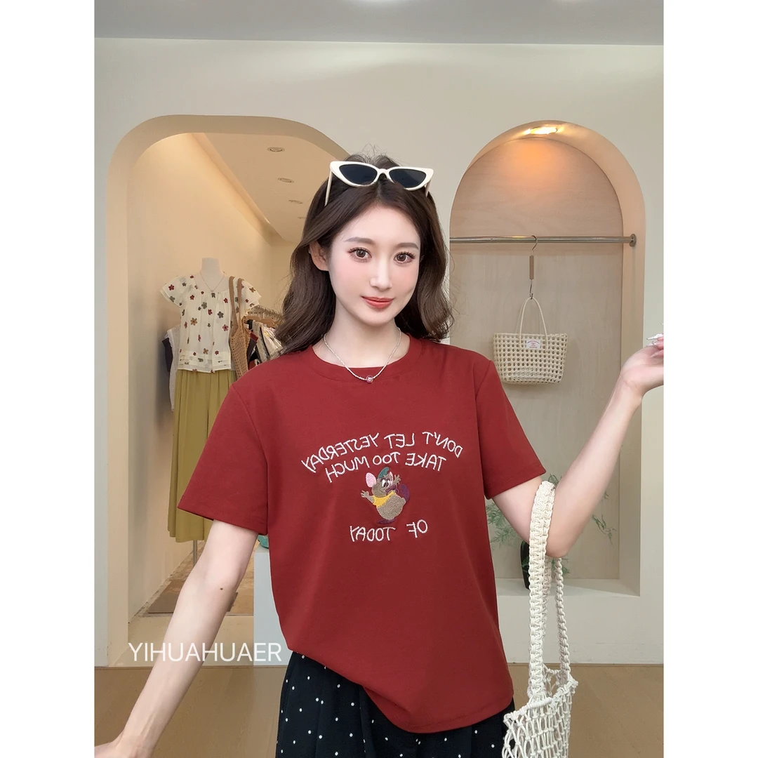 【搞怪鼠】B东大门韩系2025夏款慵懒显白卡通刺绣休闲短袖T恤3087