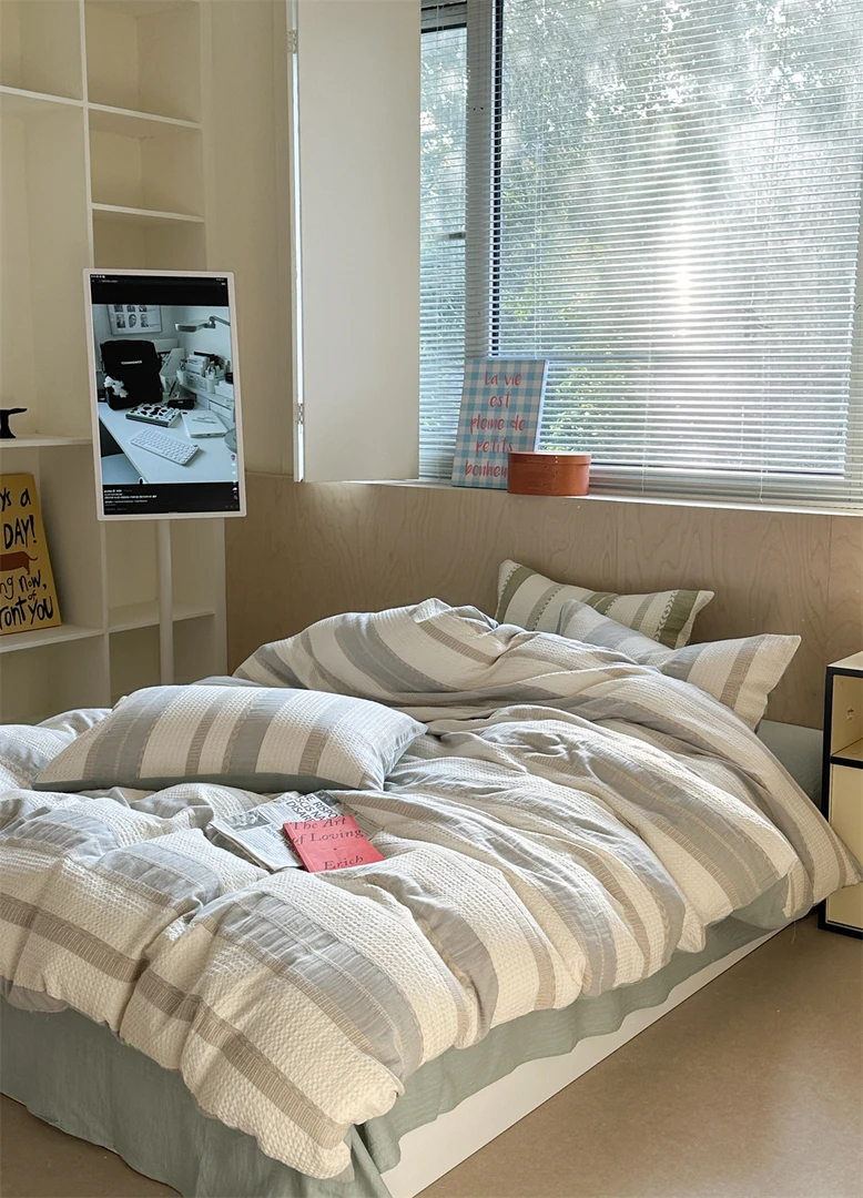 NSH 0232 全棉水洗华夫格泡泡纱四件套 雾白