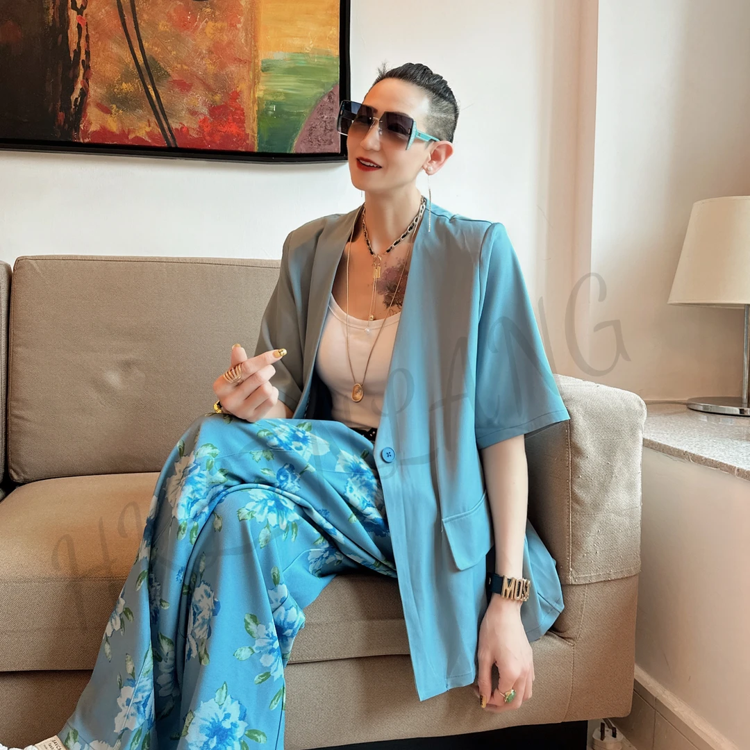 伦哥定制 | 休闲蓝色紫色气质短袖西装长裤2591#2592#