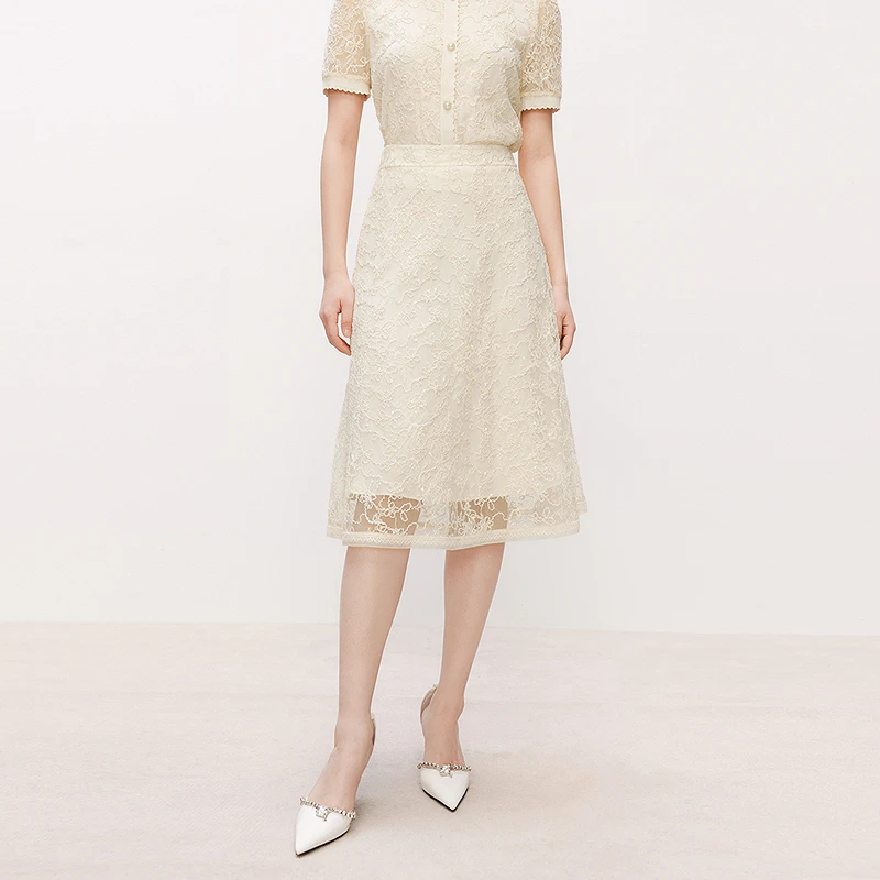 Koradior/珂莱蒂尔法式显瘦中长裙蕾丝半身裙女装夏季提花裙子