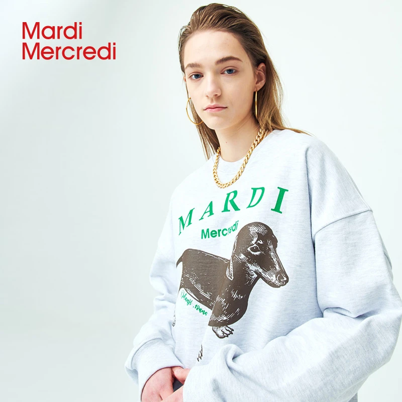【Mardi Mercredi】腊肠狗圆领印花卫衣宽松休闲时尚百搭春秋情侣X