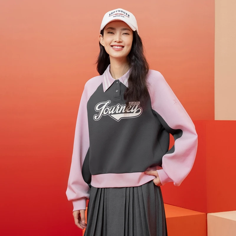 特步长袖卫衣女士2025春季新款套头休闲T恤运动上衣975128920389