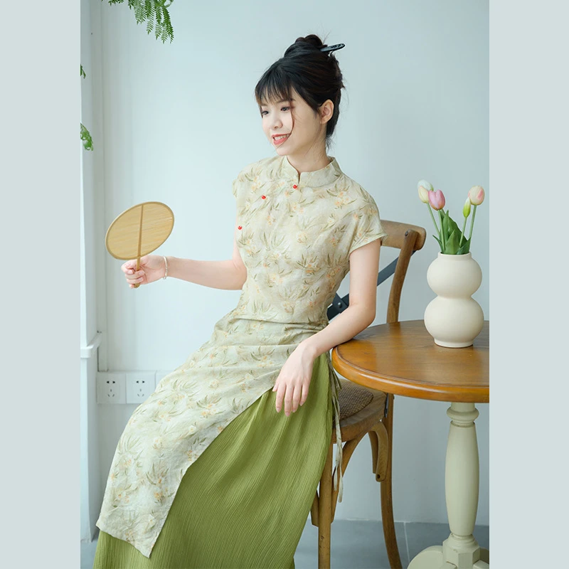 新中式抽绳显瘦高腰仙气中国风改良少女旗袍连衣裙两件套夏季薄款