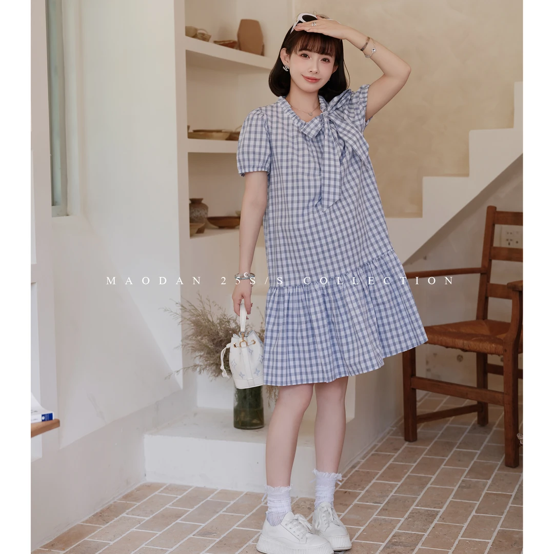 【蓝岛音符】孕妇装夏季气质不规则纯棉格子连衣裙洋气