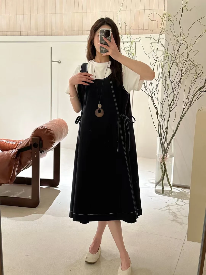 夏季短袖时尚显瘦百搭背带裙休闲长裙宽松腰通勤连衣裙黑色