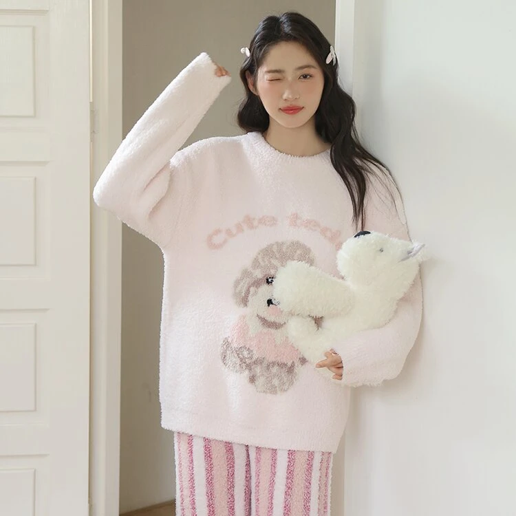 莫里伊【粉色条纹泰迪狗】小众时尚设计可外穿保暖睡衣家居服