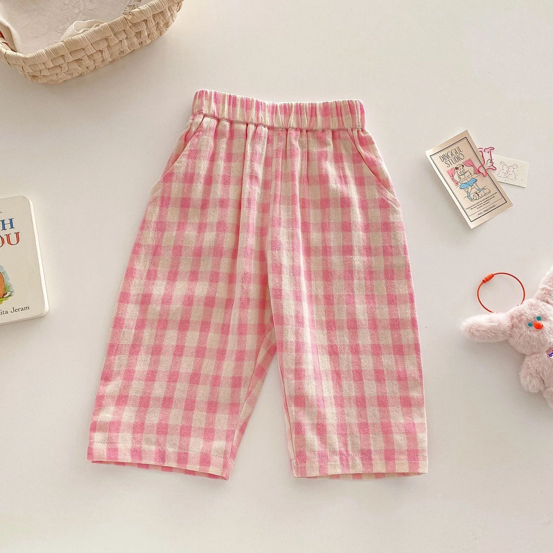 春季新款粉色格子裤子