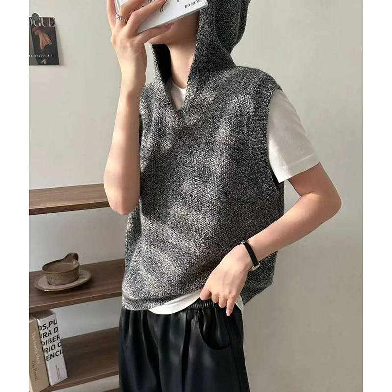 慵懒风连帽气质无袖叠穿针织马甲背心女224-9321