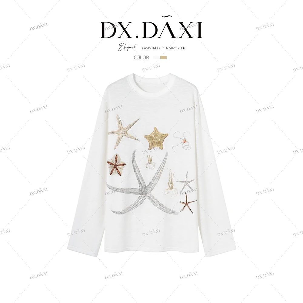 DX.DAXI【夏季微风】幸运海星宽松休闲慵懒长袖印花烫钻圆领T恤3289