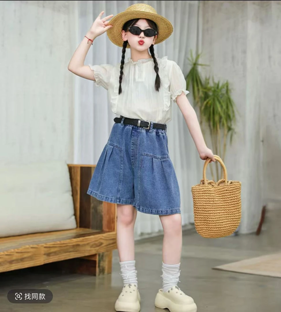 女童夏装套装25新款韩系洋气娃娃衫短袖上衣中大童牛仔五分短裤子