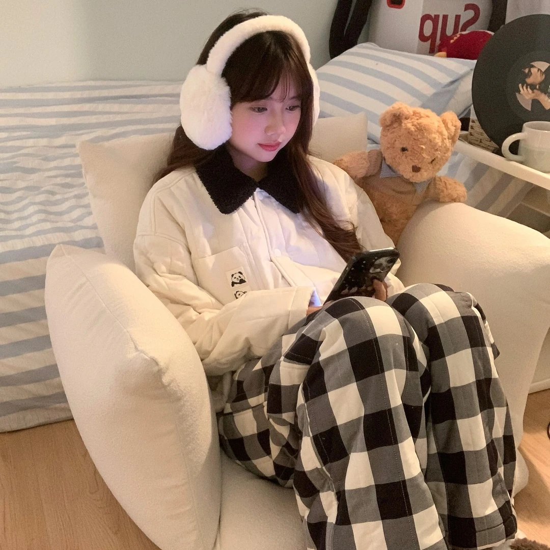 【兽家格子熊猫-三层夹棉】男女同款冬季棉质可外穿保暖家居服装