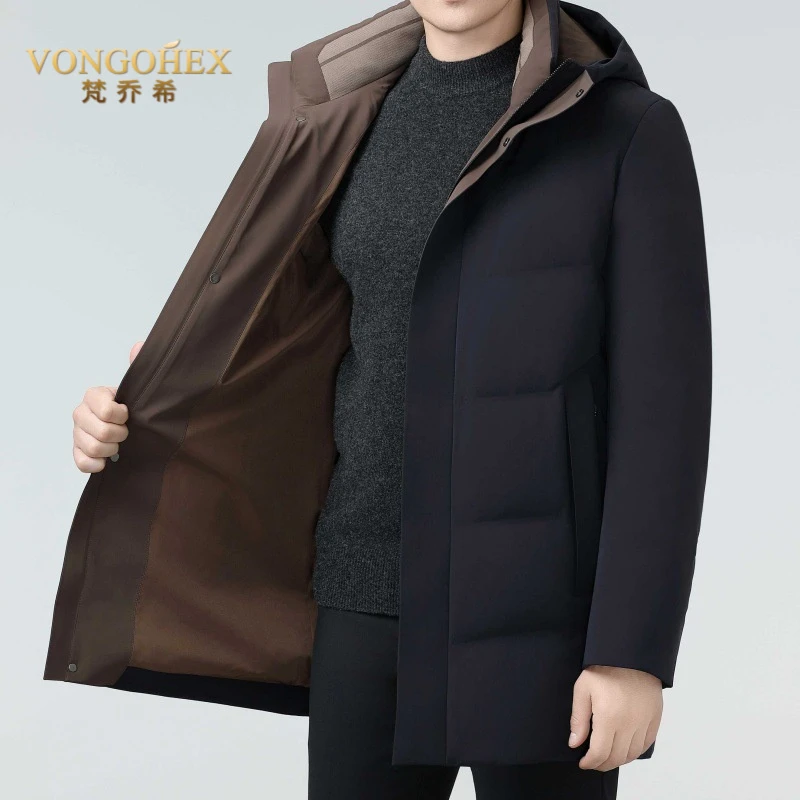 VONGOHEX中长款羽绒服男士白鸭绒冬季新款加厚保暖商务连帽羽绒衣