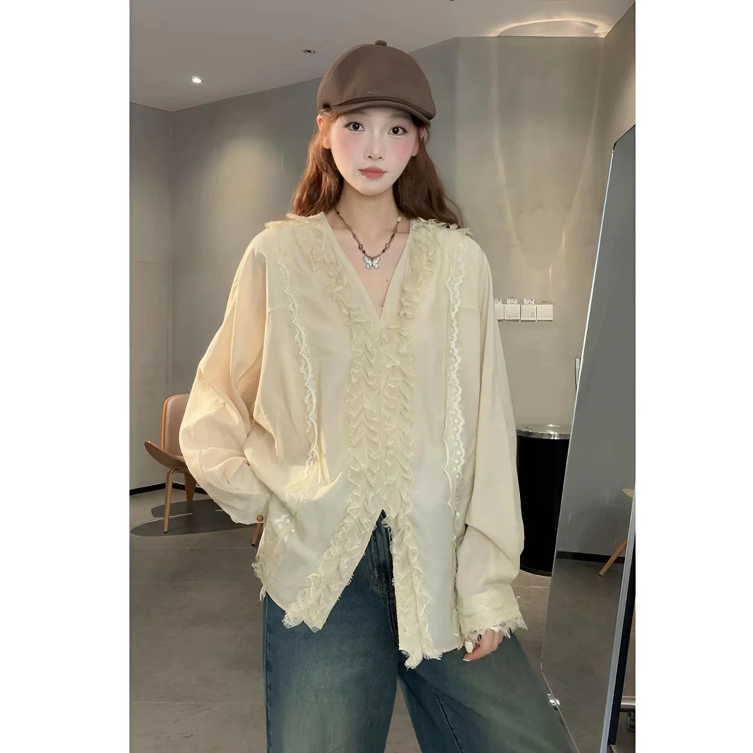 VGVL上衣【莞尔】秋款百搭蕾丝开叉显瘦衬衫女20308