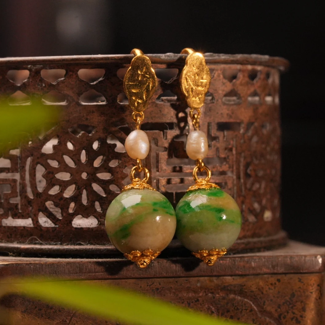 【惜拾妆匣】24k足金錾兰花纹镶天然细糯黄加绿翡翠圆珠耳环复古