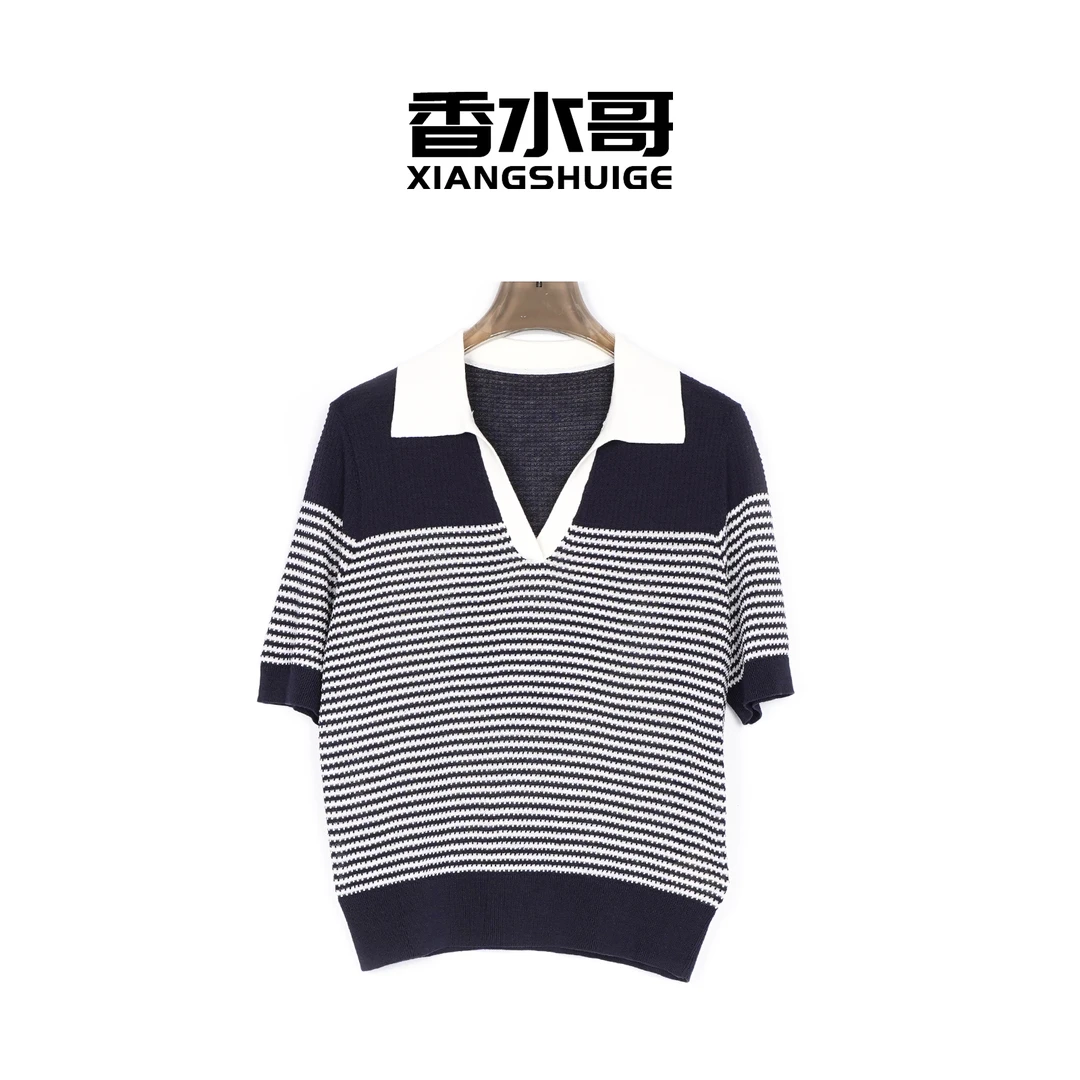 时尚减龄短袖polo领上衣2025夏季女士设计感亚麻天丝翻领套头衫