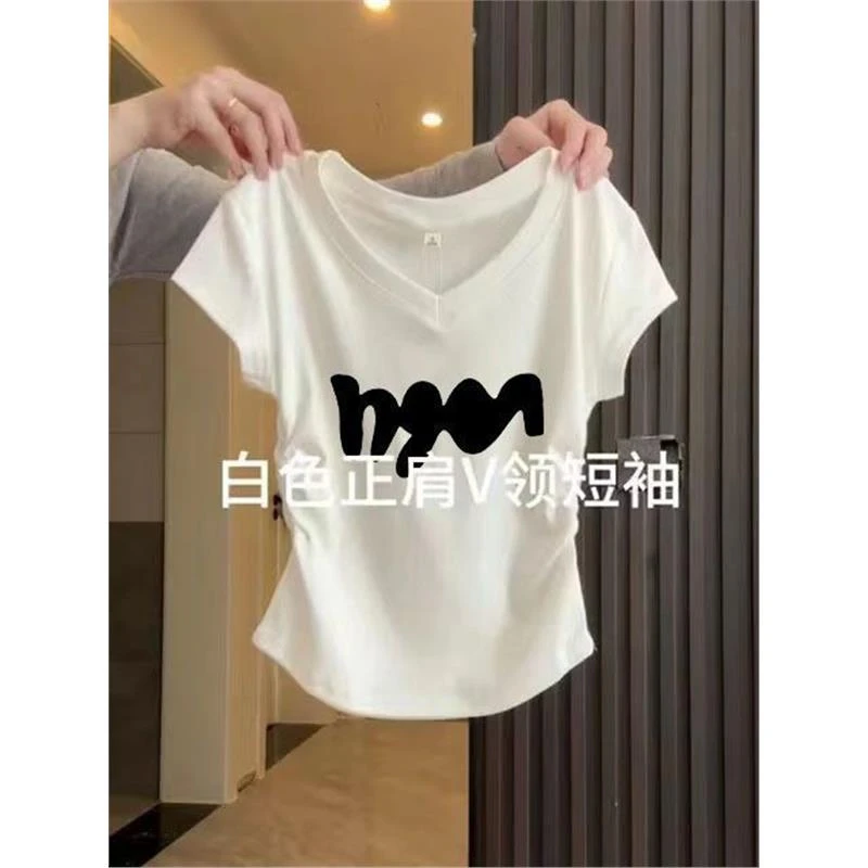 正肩t恤女短袖2025夏季V领修身显瘦上衣女设计感收腰褶皱百搭体恤