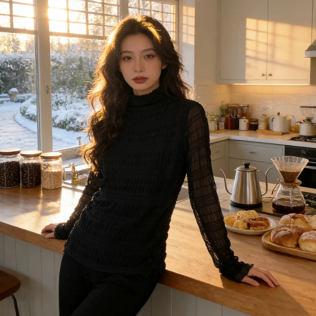 打底衫加厚长袖百搭内搭蕾丝保暖褶皱高领秋冬半高领1017#