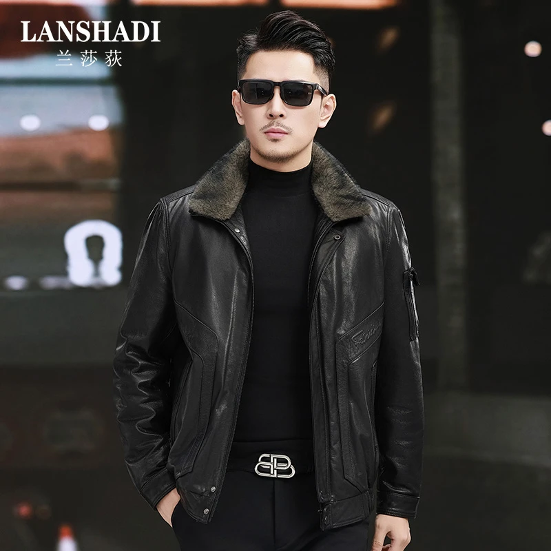 真皮皮衣男头层油蜡黄牛小牛皮立翻领休闲羽绒可脱卸内胆外套7781