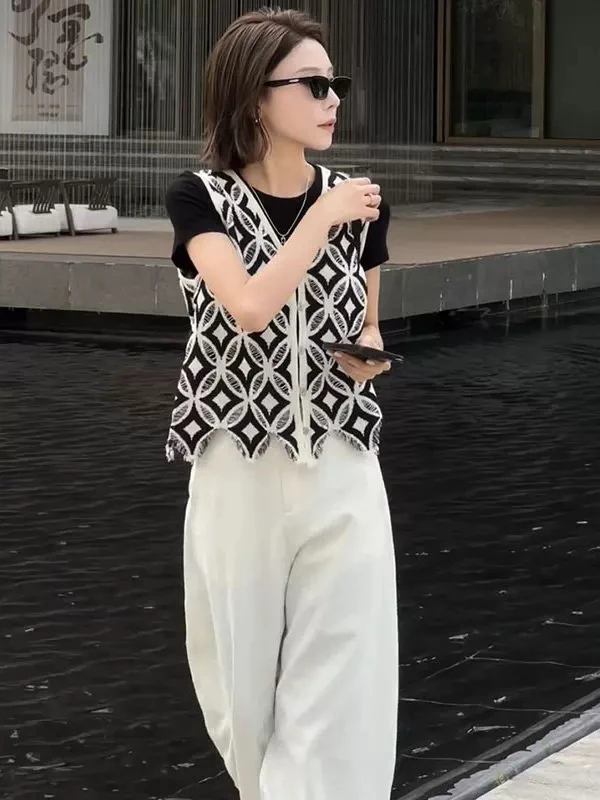 小香风流苏叠穿无袖针织马甲开衫女2025夏季休闲百搭上衣1996