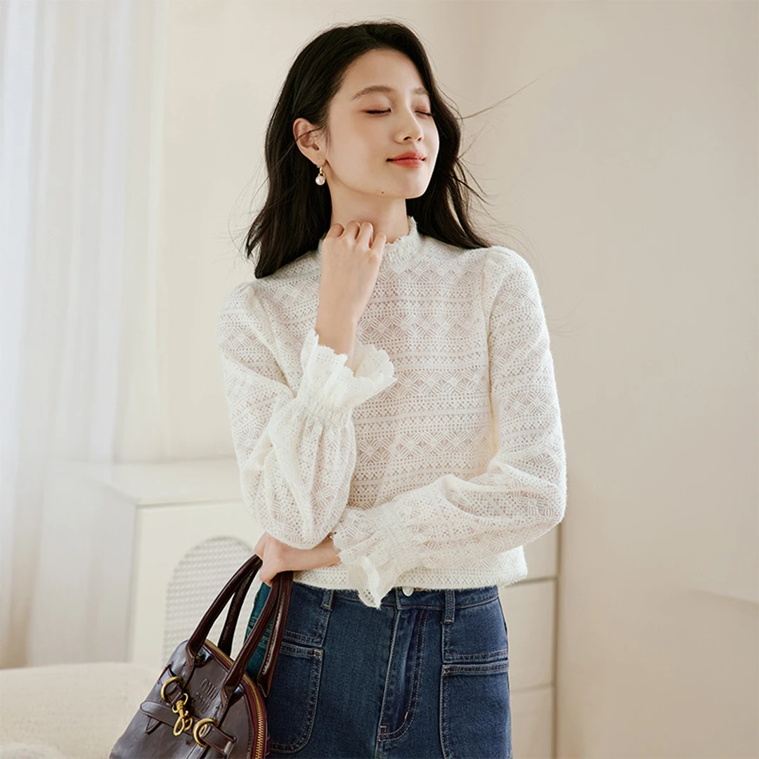 香影｜2025秋冬装法式蕾丝衫女半高领正肩打底衫气质镂空上衣