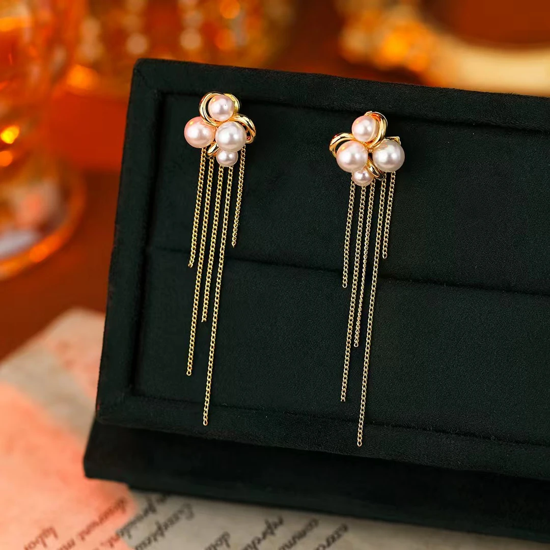 铜合金锆石耳饰 两戴款日常百搭款珠珠流苏耳环气质百搭款0348