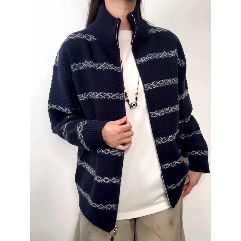 vintage立领条纹针织开衫男秋季新款2025高级感痞帅针织夹克外套