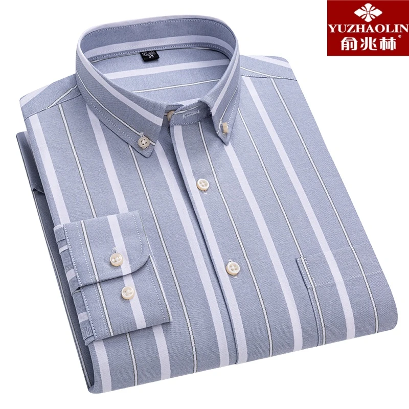 俞兆林全棉长袖衬衫男士薄款条纹商务休闲纯棉免烫衬衣男中年打底