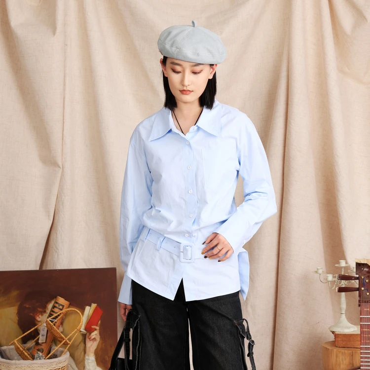 西町村屋系腰带两穿长袖衬衣女装春季新款气质百搭衬衫XAAA10367