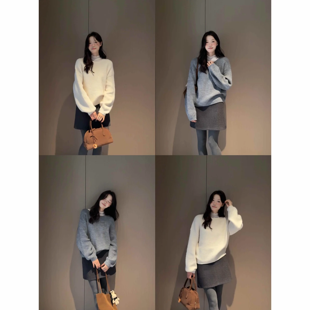 351006#软糯到心坎里！韩系慵懒氛围感奶油圆领毛衣