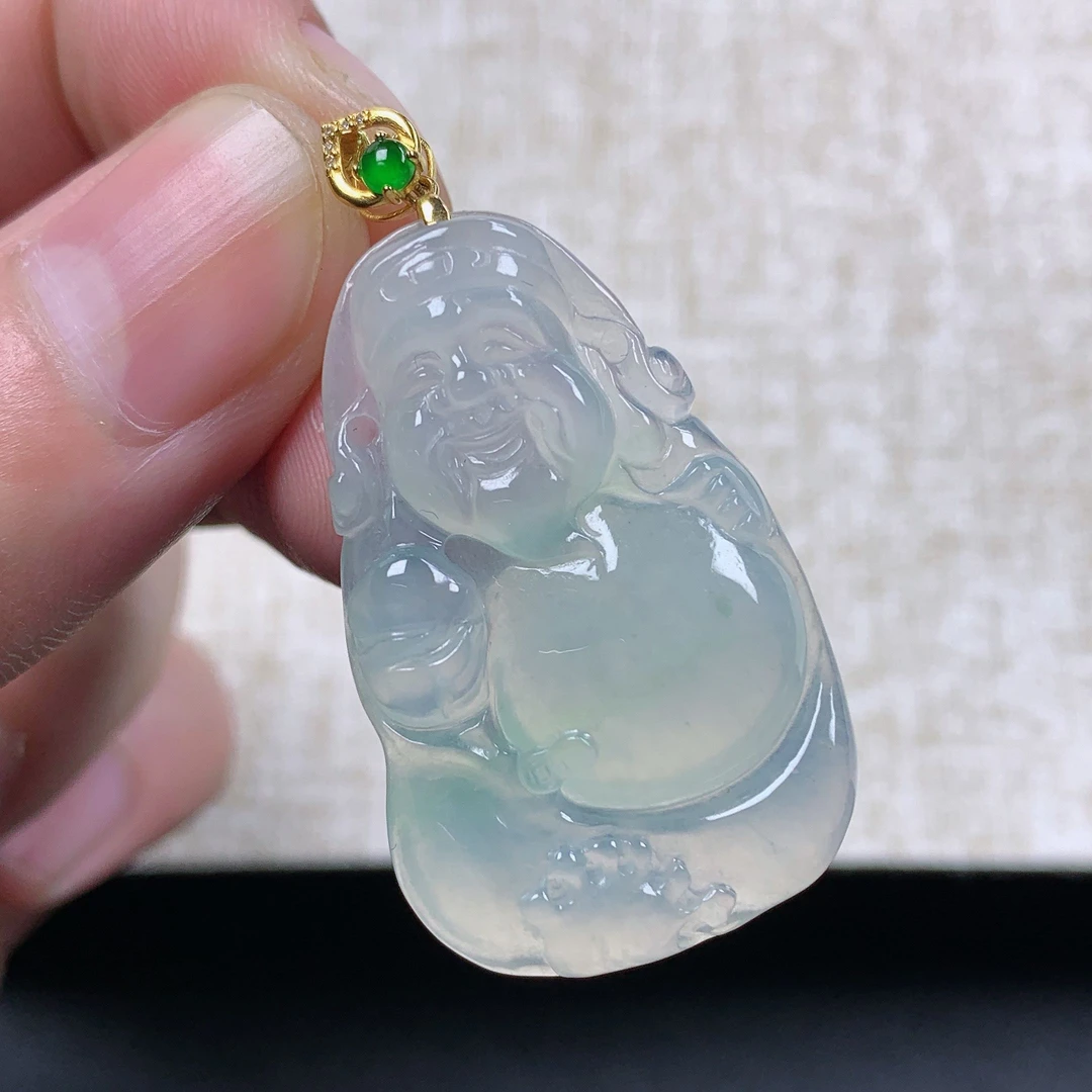 缅甸天然A货翡翠镶嵌18k金冰种飘绿财神爷吊坠42.5x22.7x5.2