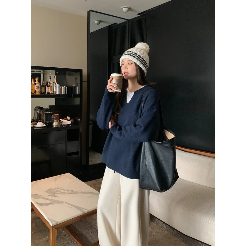 【ALINDM年中大清仓】胖mm宽松长袖上衣冬200斤慵懒风V领毛衣L80185