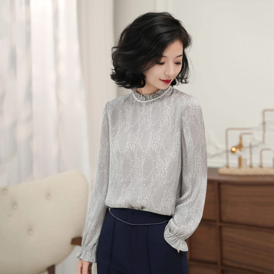 西子/【蕾丝物语】优雅气质弹力桑蚕丝蕾丝印花灰色衬衣/SYBH2189