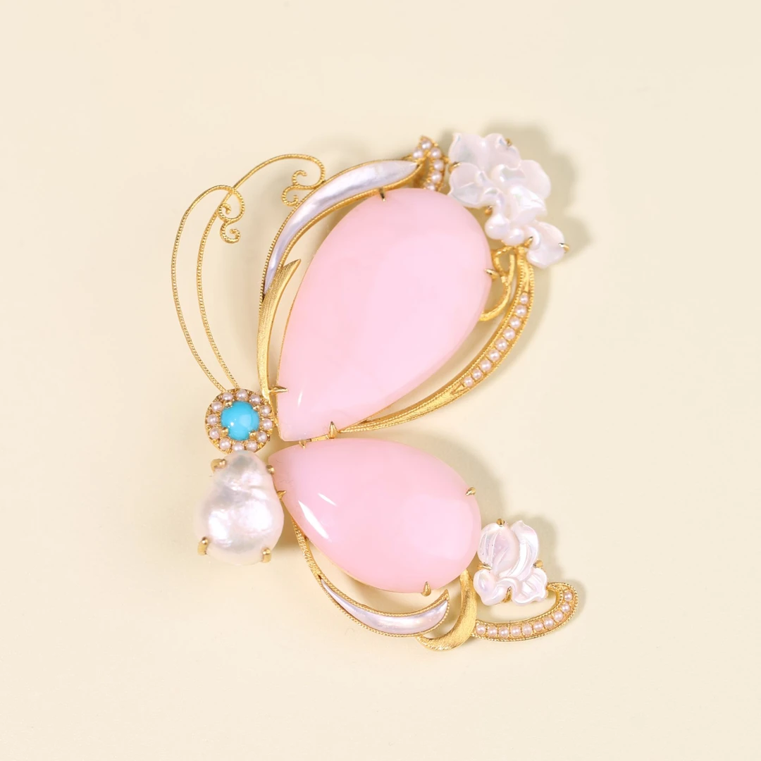 【寻香】原创国风新中式定制珠宝18k金镶嵌蛋白石蝴蝶胸针吊坠