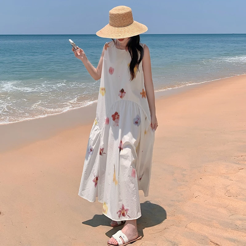 白色法式浪漫绝美别致无袖印花长裙夏季新款温柔显瘦气质连衣裙女