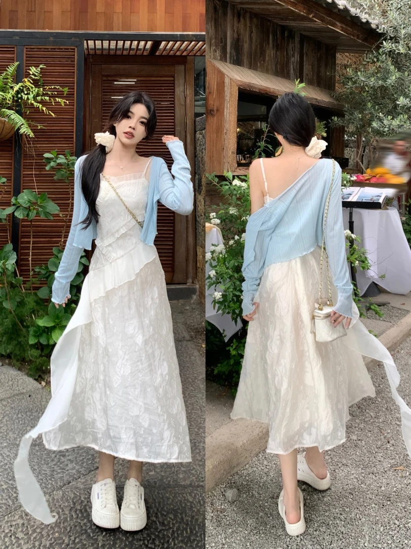 大码纯欲吊带连衣裙女夏收腰气质高级氛围感不规则荷叶边长裙套装