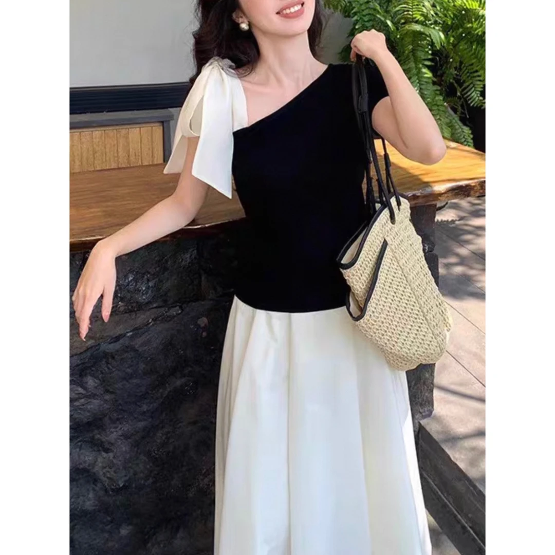 气质蝴蝶结绑带收腰斜肩针织衫女夏季2025年新款法式洋气减龄上衣