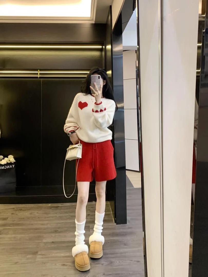 秋冬季时尚新款韩系气质慵懒风显瘦针织上衣休闲百搭短裤小众女装